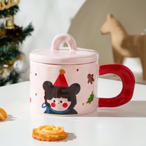 Cute Happy Girl Mug Candy Color Ceramic With Lid Household